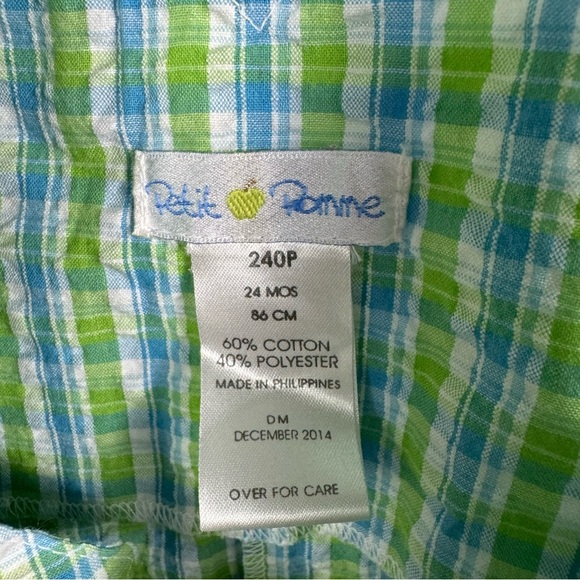 Petit Pomme Green and Blue Checkered Kids Overalls Boys Size 24M - Picture 3 of 4